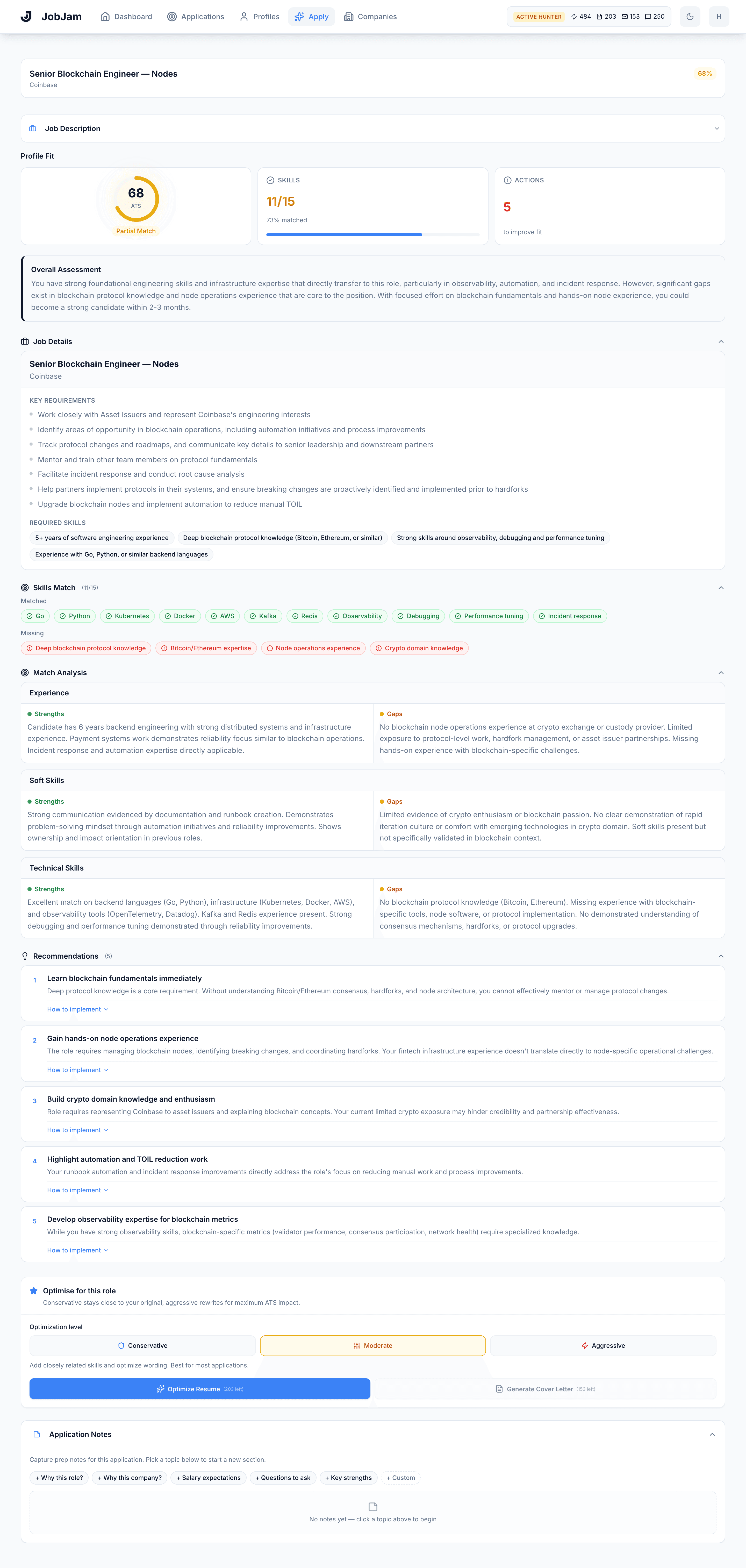 Full JobJam dashboard for Elena Vasquez's evaluation against Coinbase's Senior Blockchain Engineer — Nodes (Blockchain Platform) role