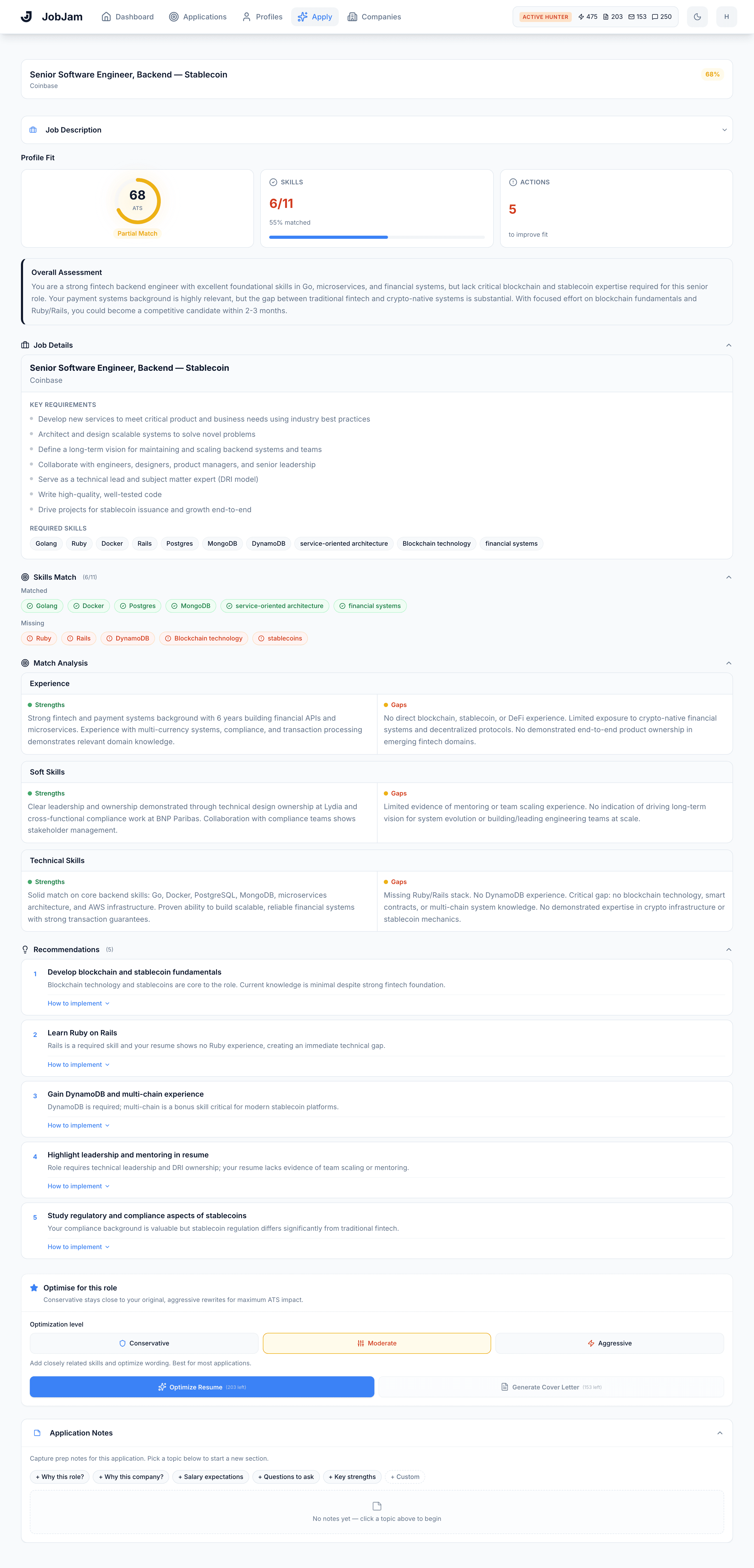 Full JobJam dashboard for Marie Dubois's evaluation against Coinbase's Senior Software Engineer, Backend — Stablecoin role