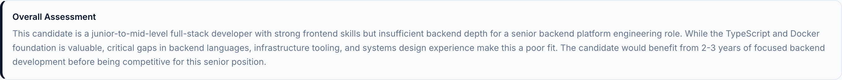 JobJam overall assessment for Lena Vogel — junior-to-mid full-stack, insufficient backend depth for senior role