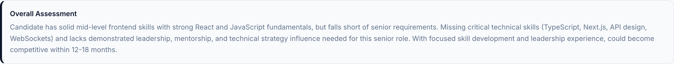 JobJam overall assessment for Priya Nair — solid mid-level skills but falls short of senior requirements