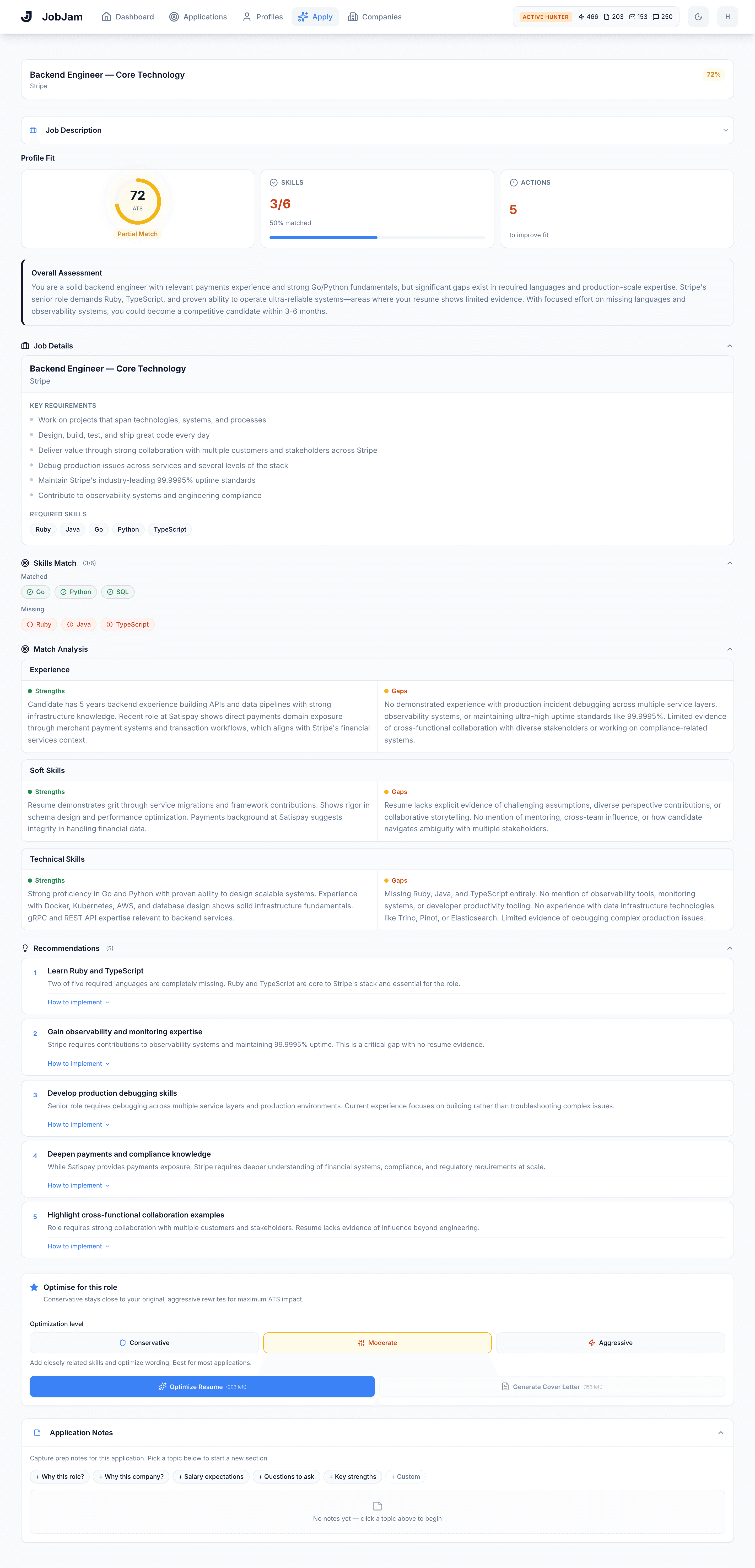 Full JobJam dashboard for Matteo Romano's evaluation against Stripe's Backend Engineer — Core Technology role