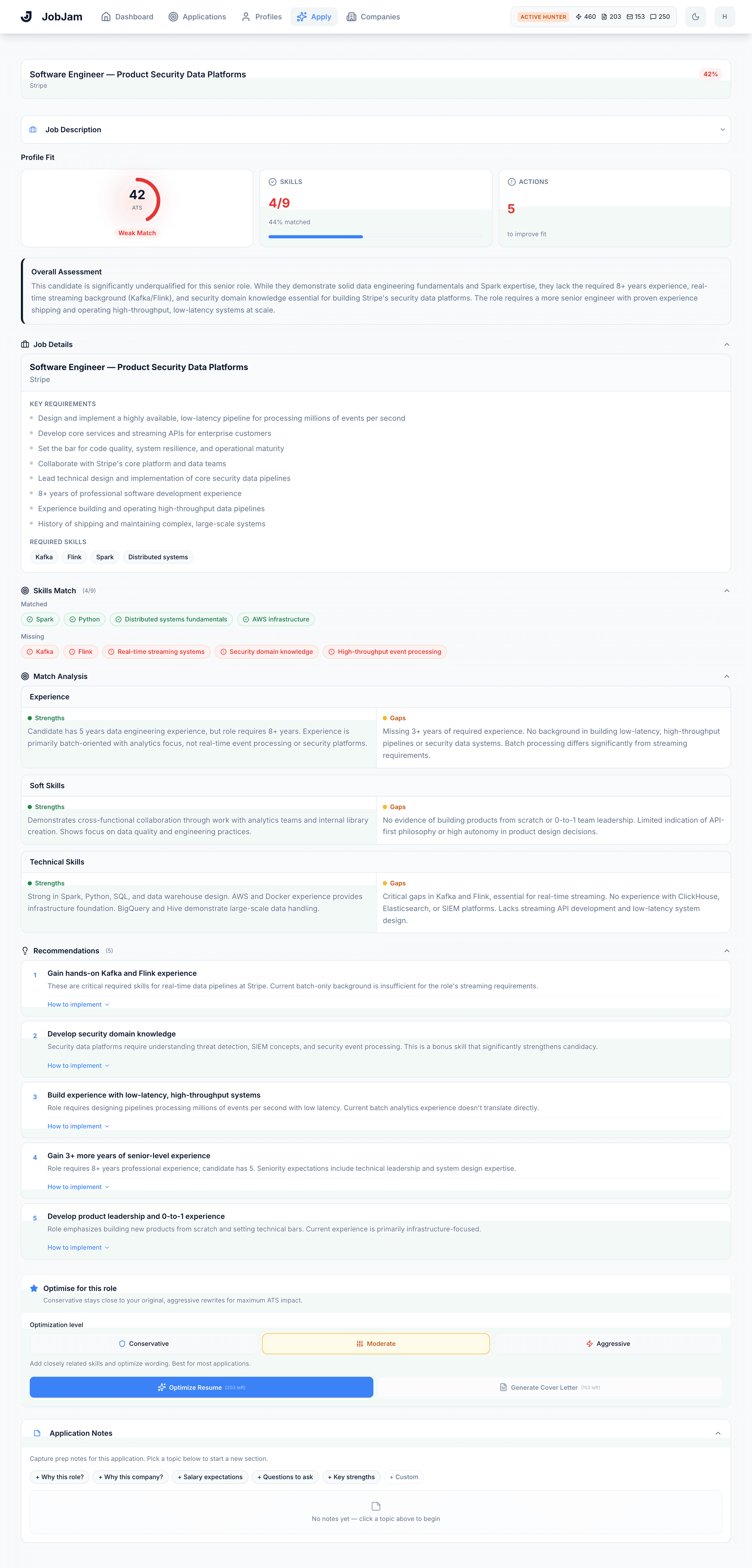 Full JobJam dashboard for Amara Diallo's evaluation against Stripe's Software Engineer — Product Security Data Platforms role