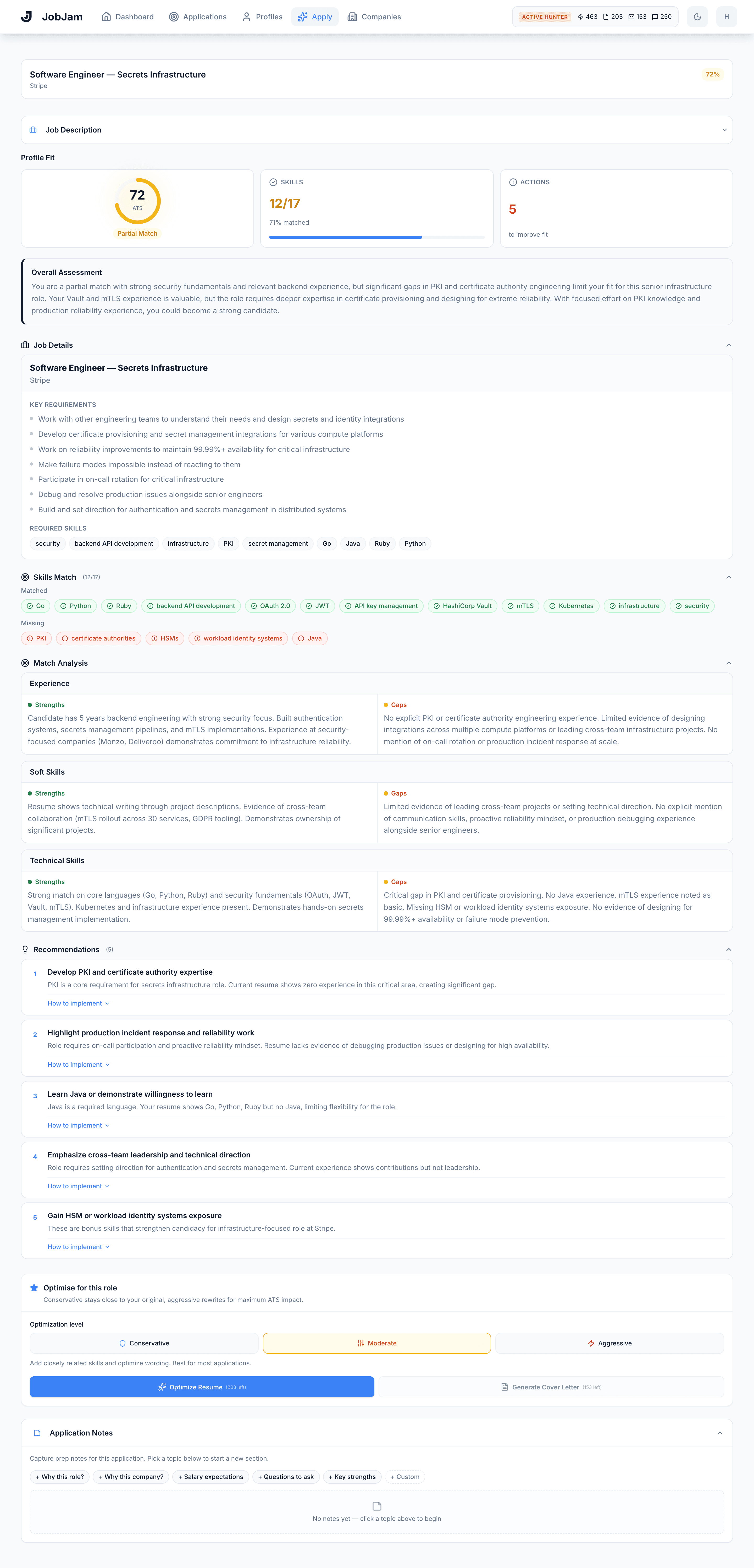 Full JobJam dashboard for Victor Nwosu's evaluation against Stripe's Software Engineer — Secrets Infrastructure role